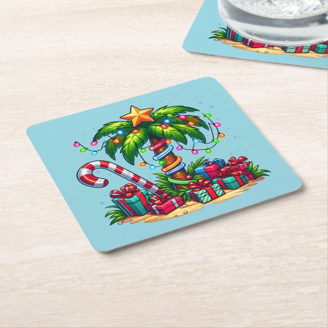 Tropical Christmas Holiday Palm Tree Square Paper Coaster (Angled)