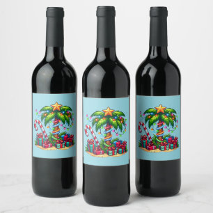 Tropical Christmas Holiday Palm Tree Wine Label