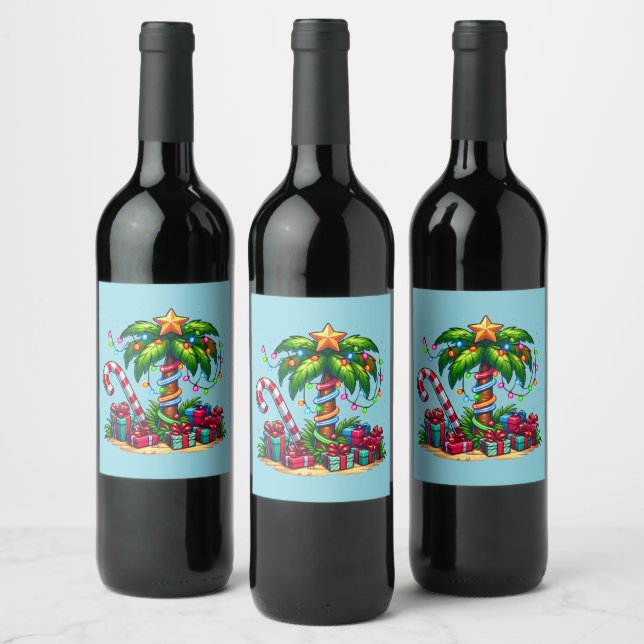 Tropical Christmas Holiday Palm Tree Wine Label (Bottles)