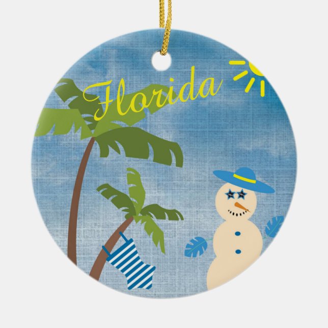 Tropical Christmas in Florida Snowman on Beach Ceramic Ornament (Front)