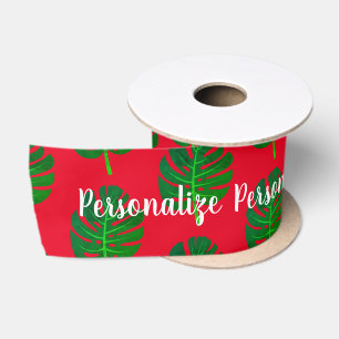 Tropical Christmas in July Monstera palm leaf Satin Ribbon