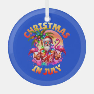 Tropical Christmas in July Palm Trees & Flamingos Glass Ornament