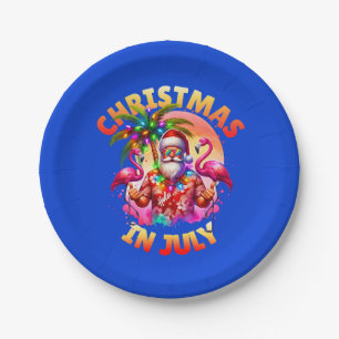 Tropical Christmas in July Palm Trees & Flamingos Paper Plate