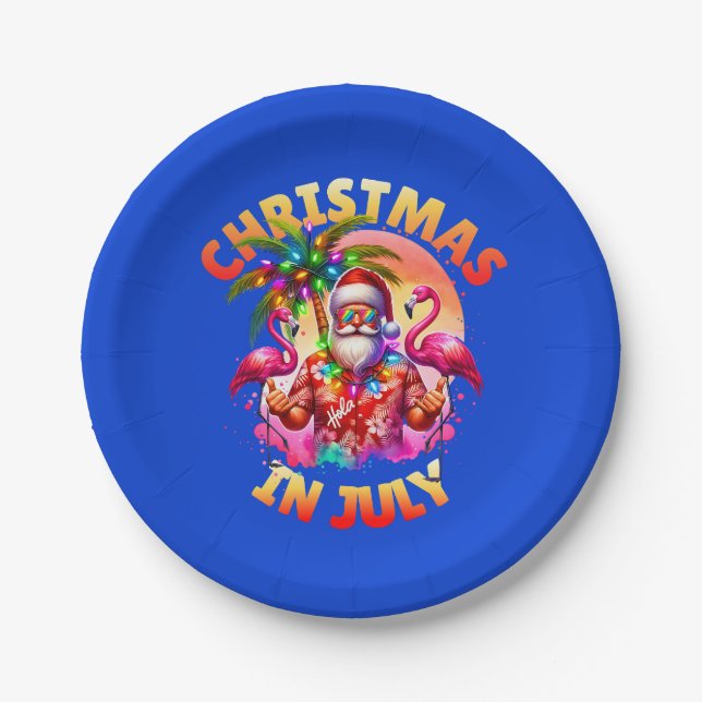 Tropical Christmas in July Palm Trees & Flamingos Paper Plate (Front)