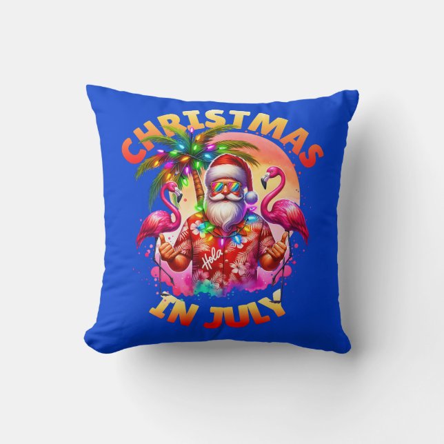 Tropical Christmas in July Palm Trees & Flamingos Throw Pillow (Front)