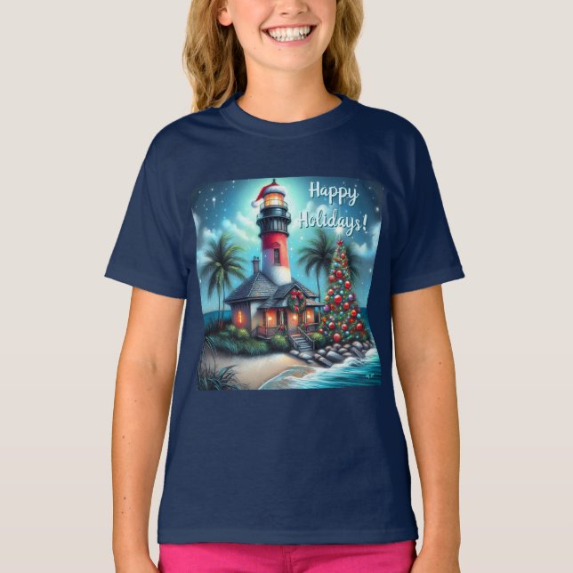 Tropical Christmas Lighthouse Personalized T-Shirt (Front)