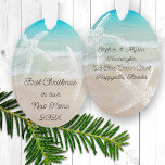 Tropical Christmas New Home Coastal Theme Ornament<br><div class="desc">First Christmas in our new home ornament,  with a coastal theme.  Images of the ocean and beach with starfish on both sides.  Custom text is dark brown.  Include names and address of the new home by the sea.</div>