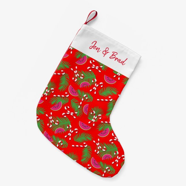 Tropical Christmas Palm Leaves Red Small Christmas Stocking (Front (Hanging))