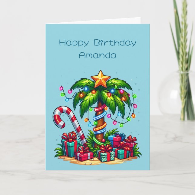 Tropical Christmas Palm Tree Birthday Card (Front)