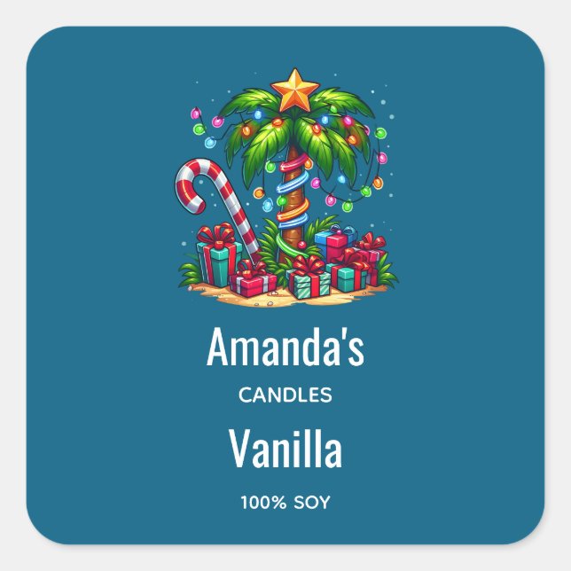 Tropical Christmas Palm Tree Candle Business Square Sticker (Front)