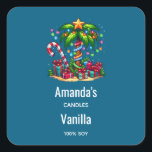 Tropical Christmas Palm Tree Candle Business Square Sticker<br><div class="desc">Candle,  soap,  kitchen or other crafting product stickers with a seasonal holiday image. A tropical palm tree decorated in festive lights with a star on top. A giant red and white candy cane sticking out of the sand. Christmas presents under the tree. Whimsical and fun.</div>