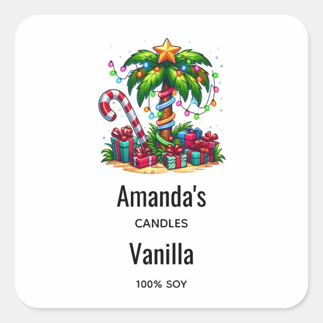 Tropical Christmas Palm Tree Candle Business Square Sticker (Front)