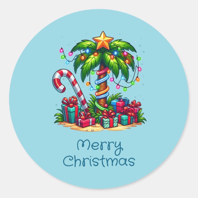 Tropical Christmas Palm Tree Classic Round Sticker (Front)