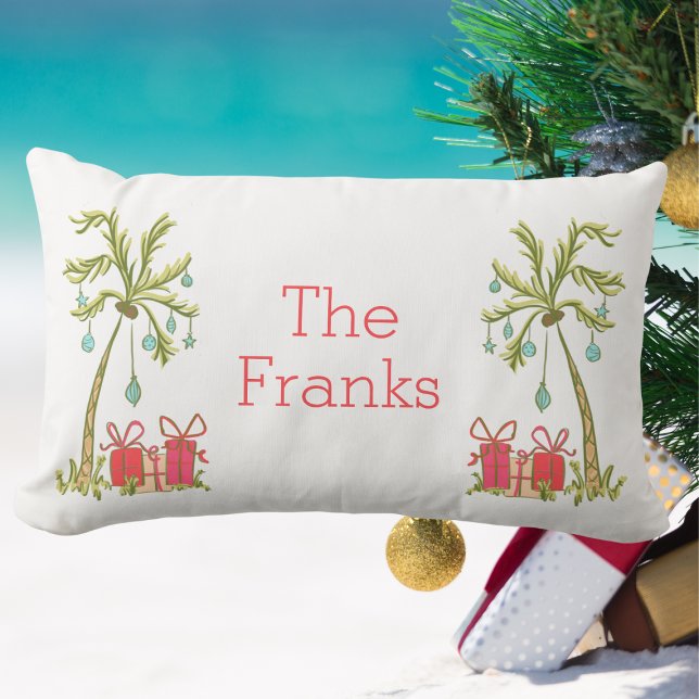 Tropical Christmas Palm Tree Presents Coastal Name Lumbar Pillow (Creator Uploaded)