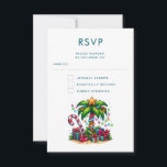 Tropical Christmas Palm Tree RSVP Card<br><div class="desc">RSVP card with a seasonal holiday image. A tropical palm tree decorated in festive lights with a star on top. A giant red and white candy cane sticking out of the sand. Christmas presents under the tree. Whimsical and fun.</div>
