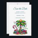 Tropical Christmas Palm Tree Save The Date<br><div class="desc">Save the date card with a seasonal holiday image. A tropical palm tree decorated in festive lights with a star on top. A giant red and white candy cane sticking out of the sand. Christmas presents under the tree. Whimsical and fun.</div>