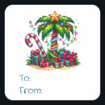 Tropical Christmas Palm Tree Square Sticker<br><div class="desc">Christmas stickers with a seasonal holiday image. A tropical palm tree decorated in festive lights with a star on top. A giant red and white candy cane sticking out of the sand. Christmas presents under the tree. Whimsical and fun.</div>