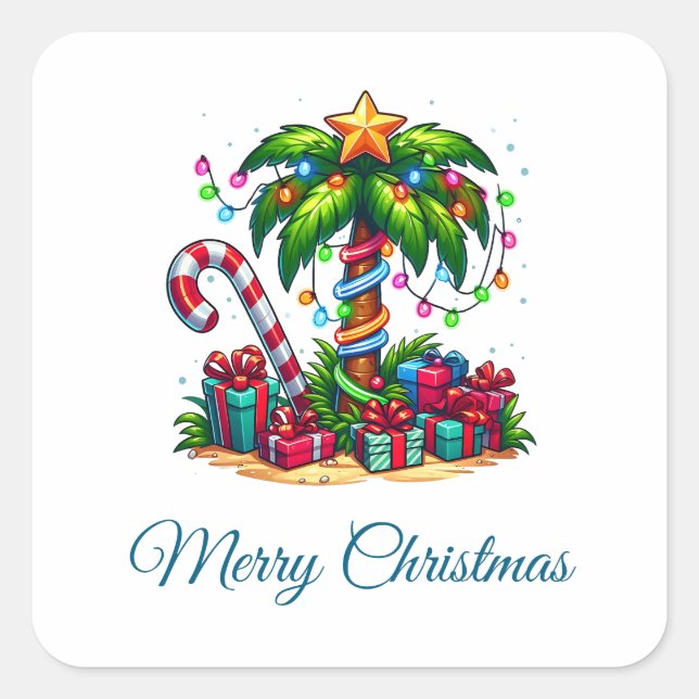 Tropical Christmas Palm Tree Square Sticker (Front)