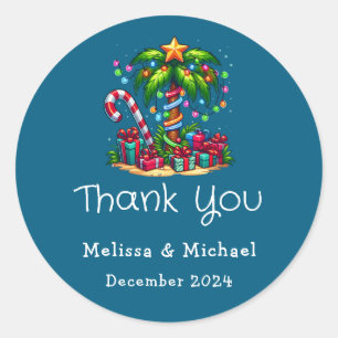 Tropical Christmas Palm Tree Thank You Classic Round Sticker