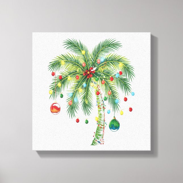 Tropical Christmas Palm Tree with Lights and Ornam Canvas Print (Front)
