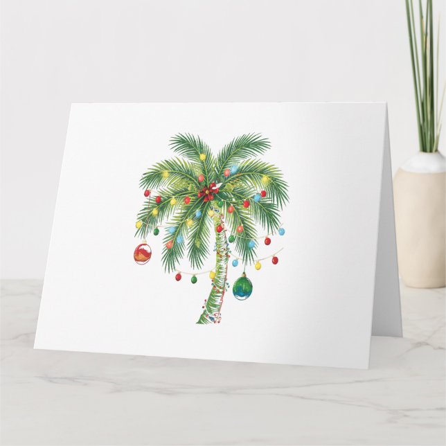 Tropical Christmas Palm Tree with Lights and Ornam Card (Front)