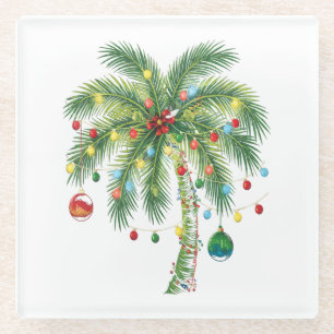 Tropical Christmas Palm Tree with Lights and Ornam Glass Coaster