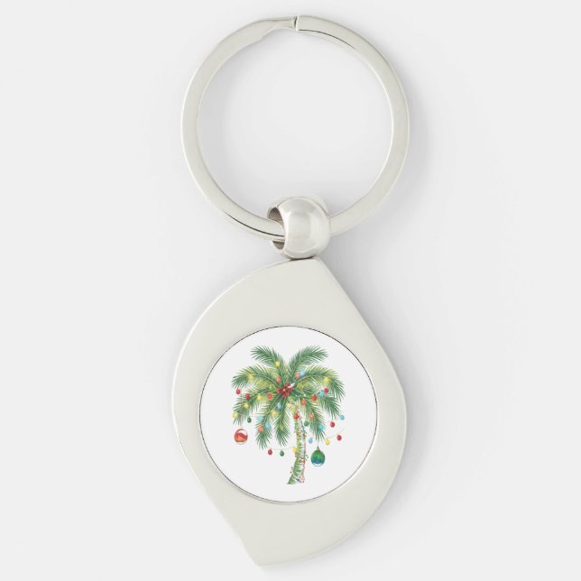 Tropical Christmas Palm Tree with Lights and Ornam Keychain (Front)