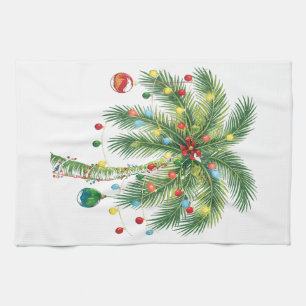 Tropical Christmas Palm Tree with Lights and Ornam Kitchen Towel