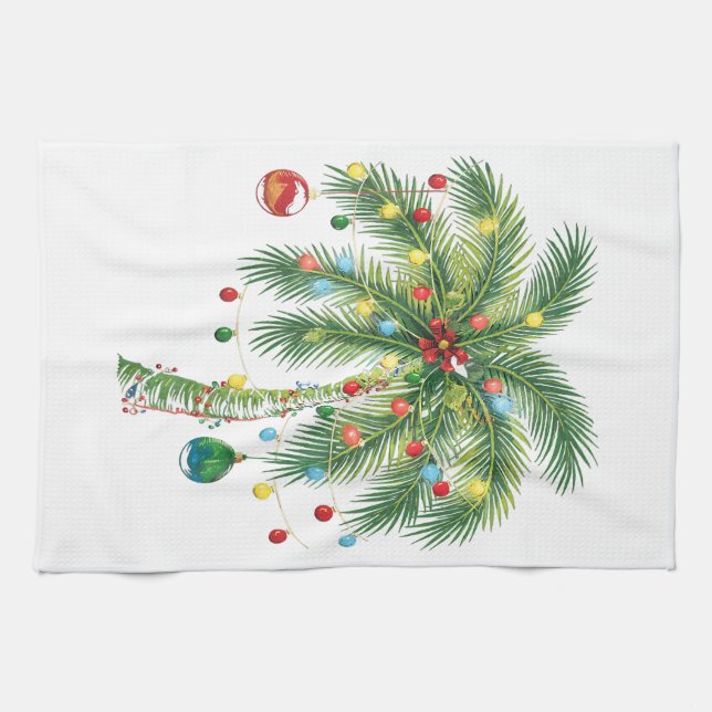 Tropical Christmas Palm Tree with Lights and Ornam Kitchen Towel (Horizontal)