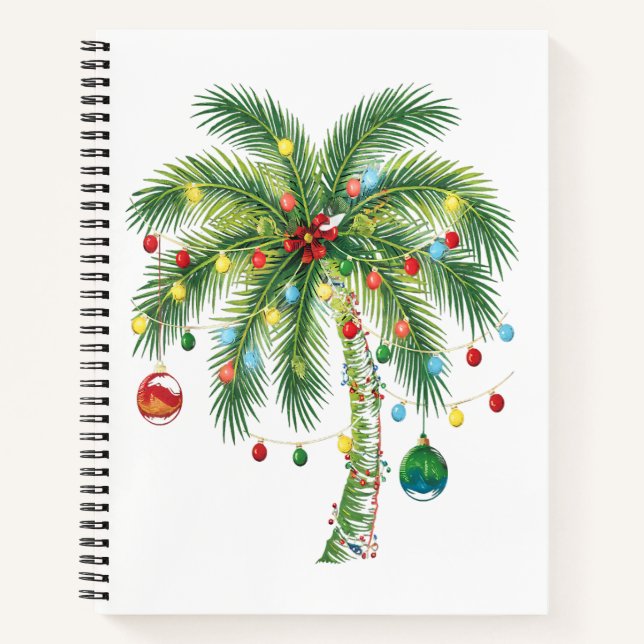 Tropical Christmas Palm Tree with Lights and Ornam Notebook (Front)