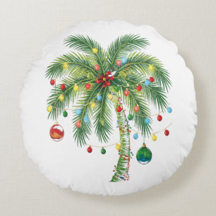Tropical Christmas Palm Tree with Lights and Ornam Round Pillow