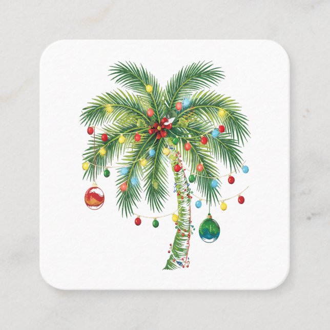 Tropical Christmas Palm Tree with Lights and Ornam Square Business Card (Front)