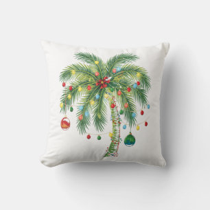 Tropical Christmas Palm Tree with Lights and Ornam Throw Pillow