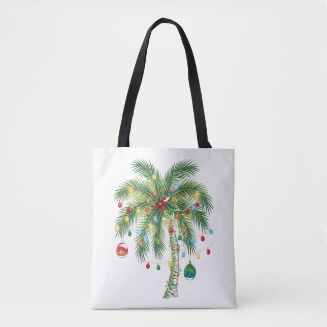 Tropical Christmas Palm Tree with Lights and Ornam Tote Bag (Front)