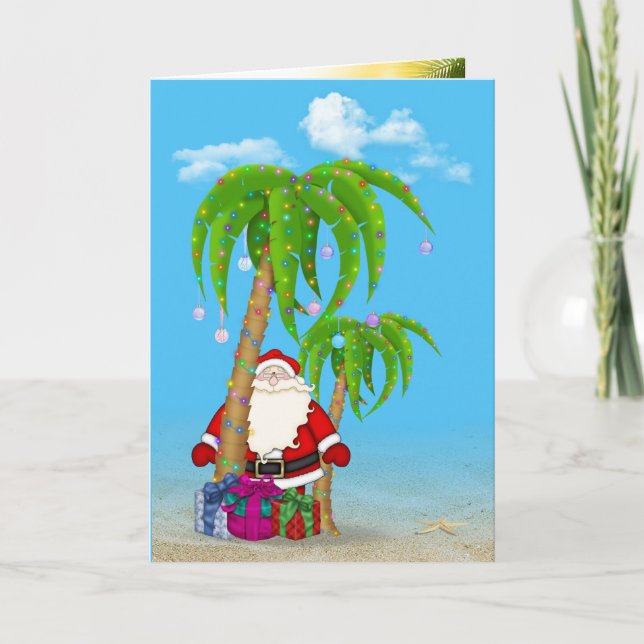 Tropical Christmas Palm tree with Santa Card (Front)