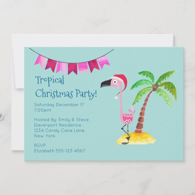 Tropical Christmas Party Pink Flamingo Invitation (Front)