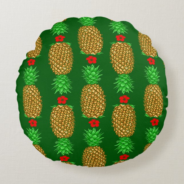 Tropical Christmas Pineapple Warm Xmas Holiday Gre Round Pillow (Front)