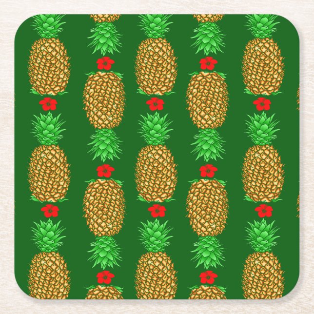 Tropical Christmas Pineapple Warm Xmas Holiday Gre Square Paper Coaster (Front)