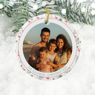 Tropical Christmas Pink Flamingo Family Photo Ceramic Ornament