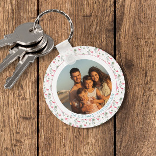 Tropical Christmas Pink Flamingo Family Photo Keychain