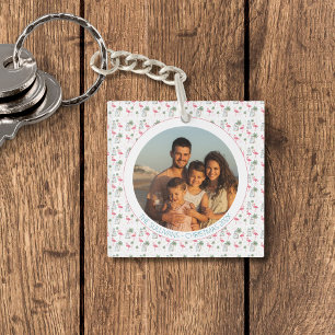 Tropical Christmas Pink Flamingo Family Photo Keychain
