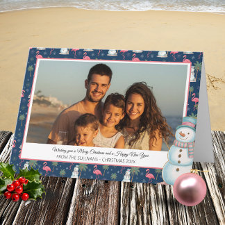 Tropical Christmas Pink Flamingo & Palm Tree Photo Holiday Card