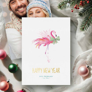Tropical Christmas Pink Flamingo Watercolor Foil Holiday Card