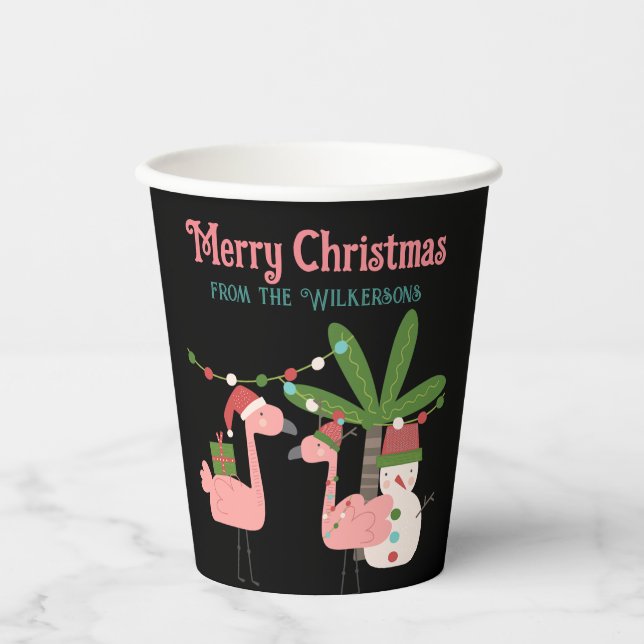 Tropical Christmas Pink Flamingos on Black Paper Cups (Front)