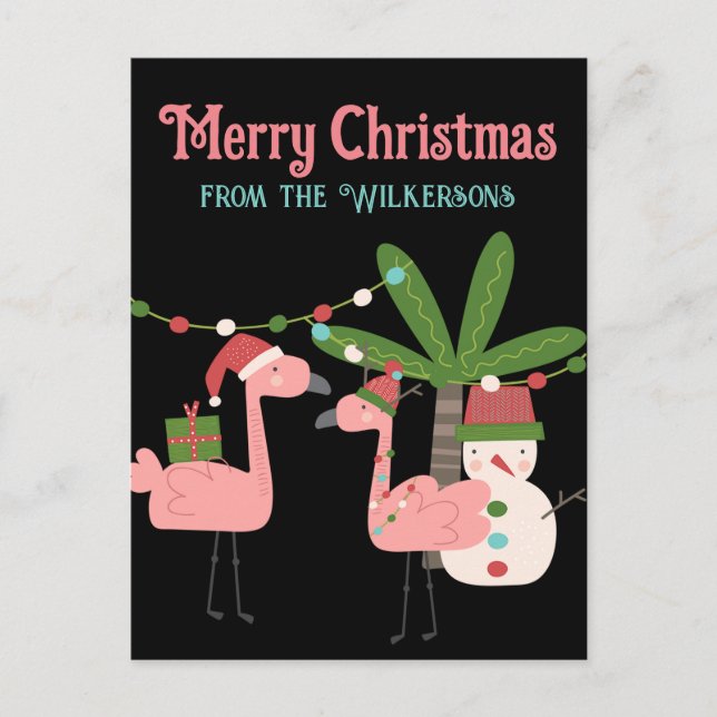 Tropical Christmas Pink Flamingos on Black Postcard (Front)