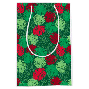 Tropical Christmas Red Green Monstera Leaves Medium Gift Bag