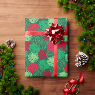 Tropical Christmas Red Green Monstera Leaves Wrapping Paper