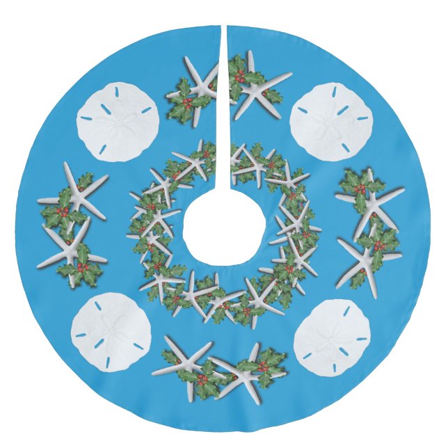 Tropical Christmas Sand Dollars Starfish Teal Brushed Polyester Tree Skirt (Front)