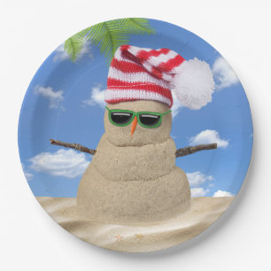 Tropical Christmas Sand Snowman Paper Plate