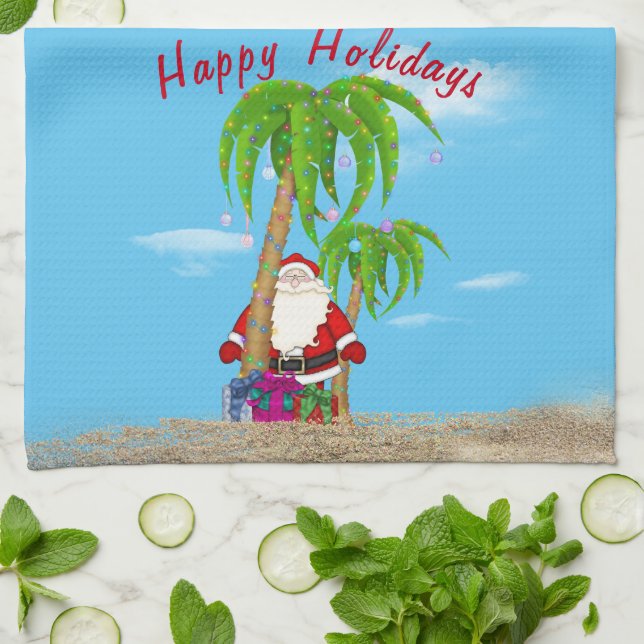 Tropical Christmas Santa and Palms Kitchen Towel (Folded)